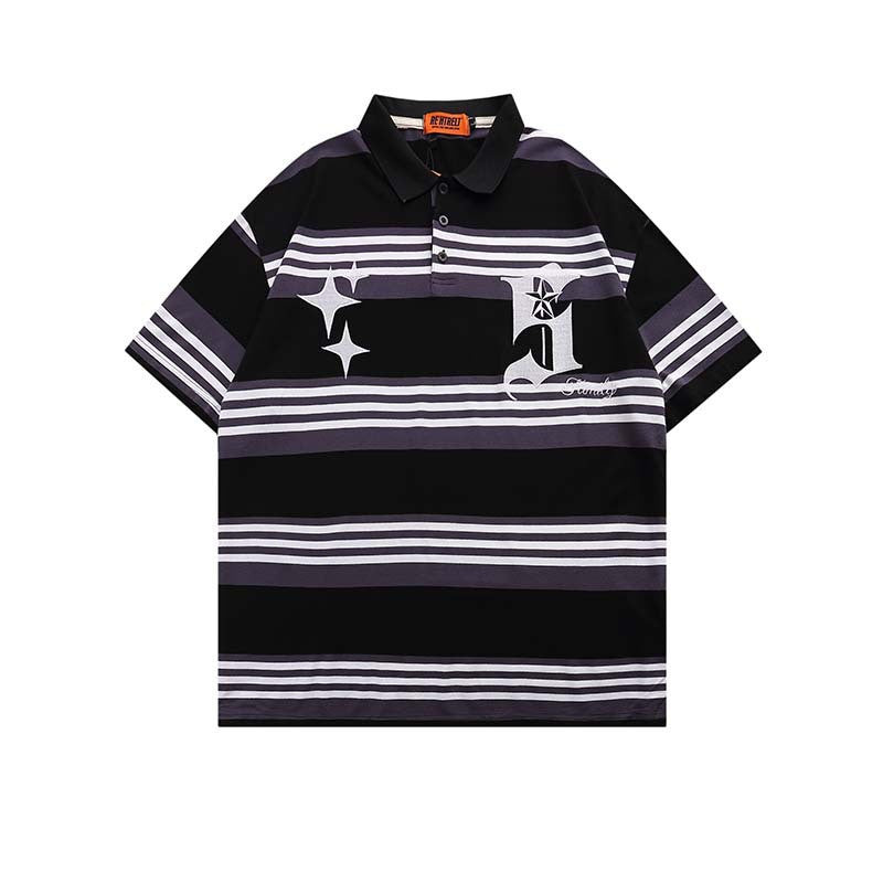 Embroidered Striped Lapel Short Sleeve