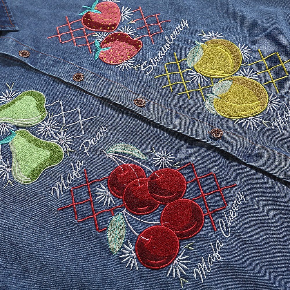 Fruit Embroidery Denim Washed Short-sleeved Shirt