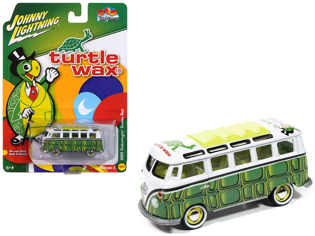 1965 Volkswagen Samba Bus "Turtle Wax" White and Green with Graphics "Pop Culture" 2025 Release 1 1/64 Diecast Model Car by Johnny Lightning - hausofthreads