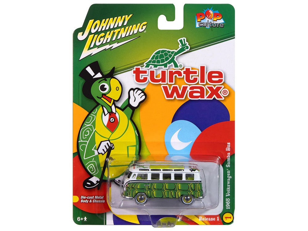 1965 Volkswagen Samba Bus "Turtle Wax" White and Green with Graphics "Pop Culture" 2025 Release 1 1/64 Diecast Model Car by Johnny Lightning - hausofthreads