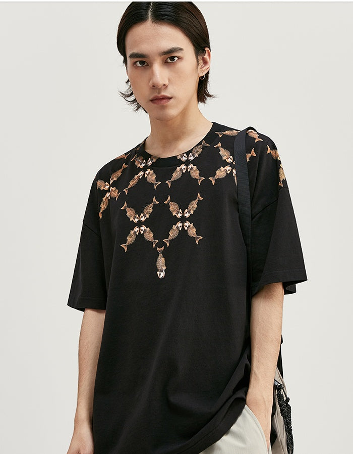 Men's T-shirt fishbone print oversized