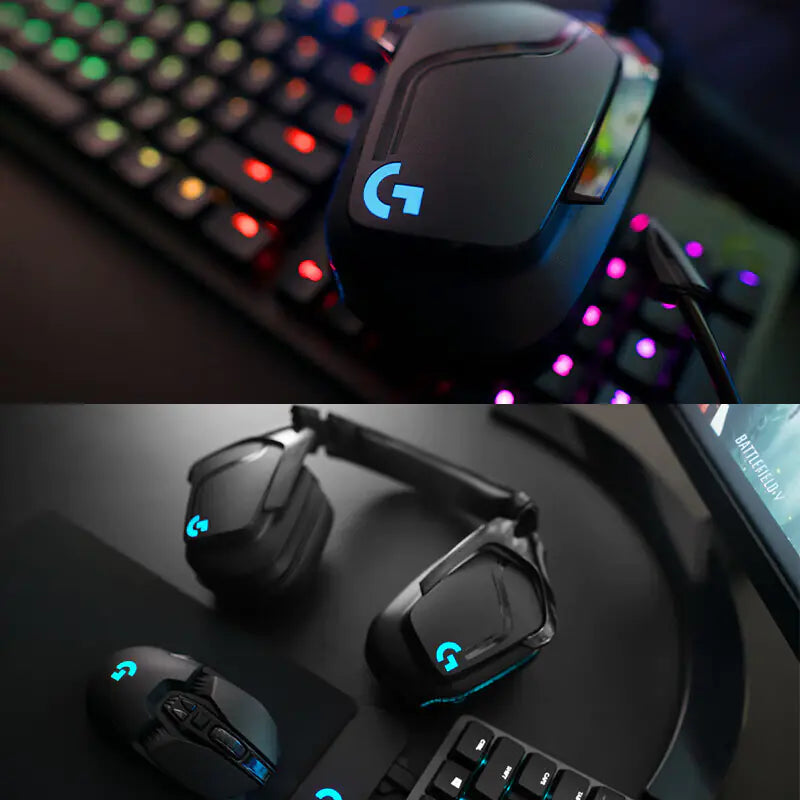 Logitech gaming gear featuring wired headset and gaming mouse with RGB lighting on a keyboard.