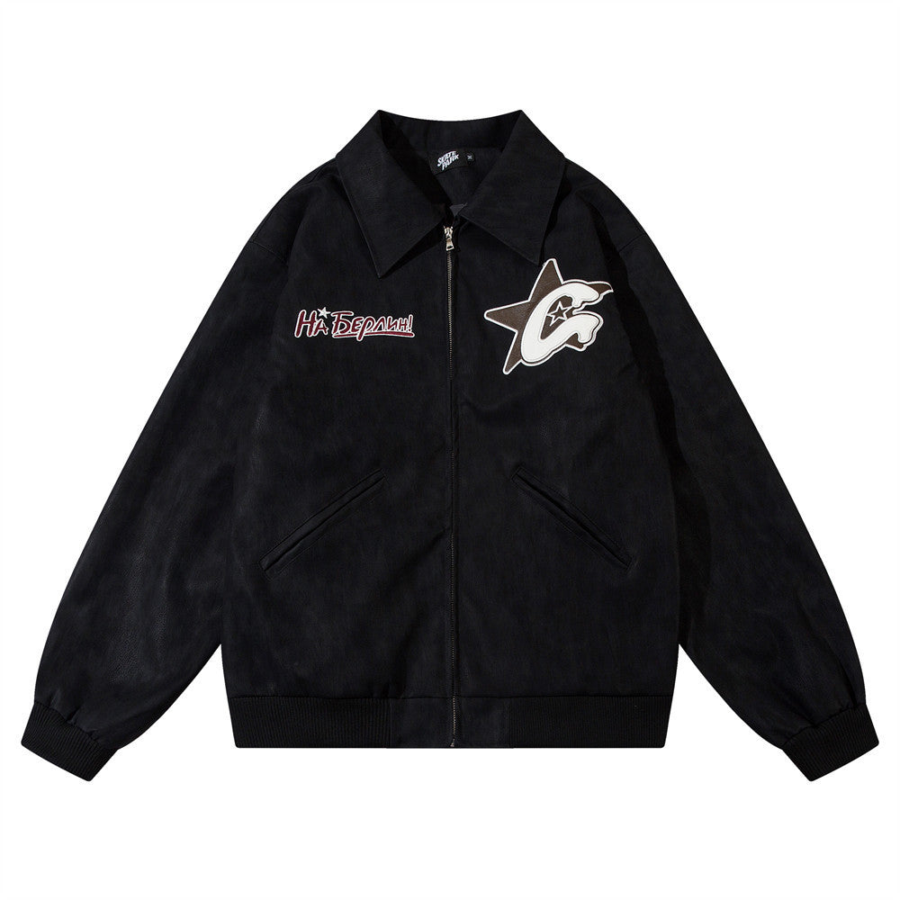 PU Leather Polo Collar Jacket Men