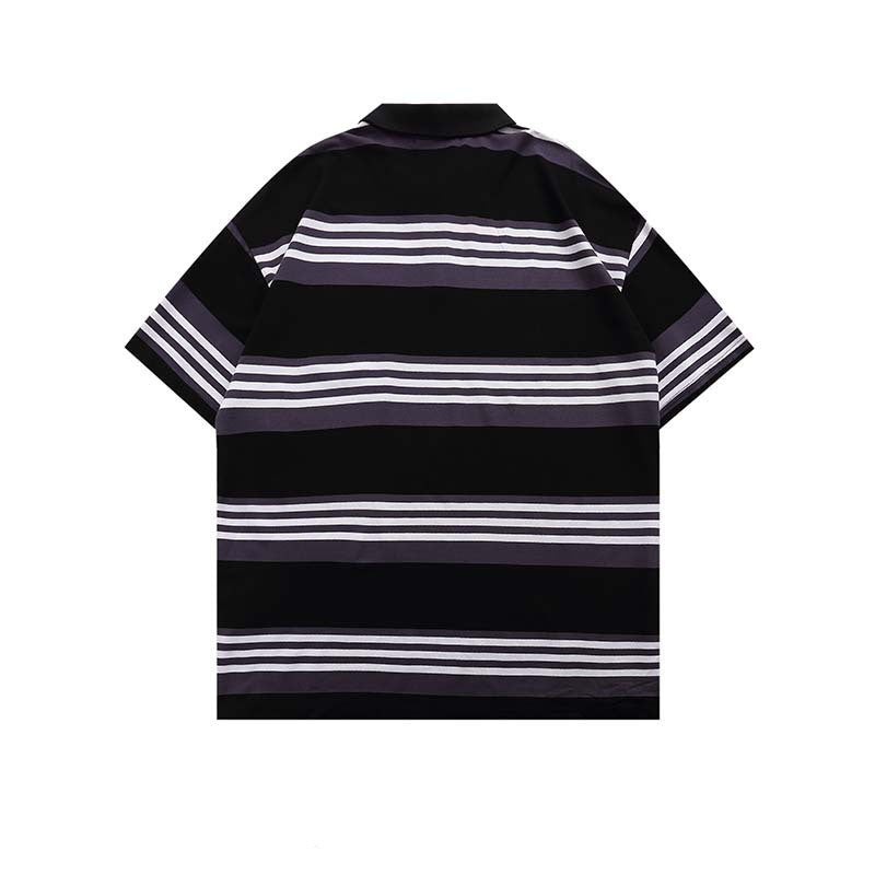 Embroidered Striped Lapel Short Sleeve