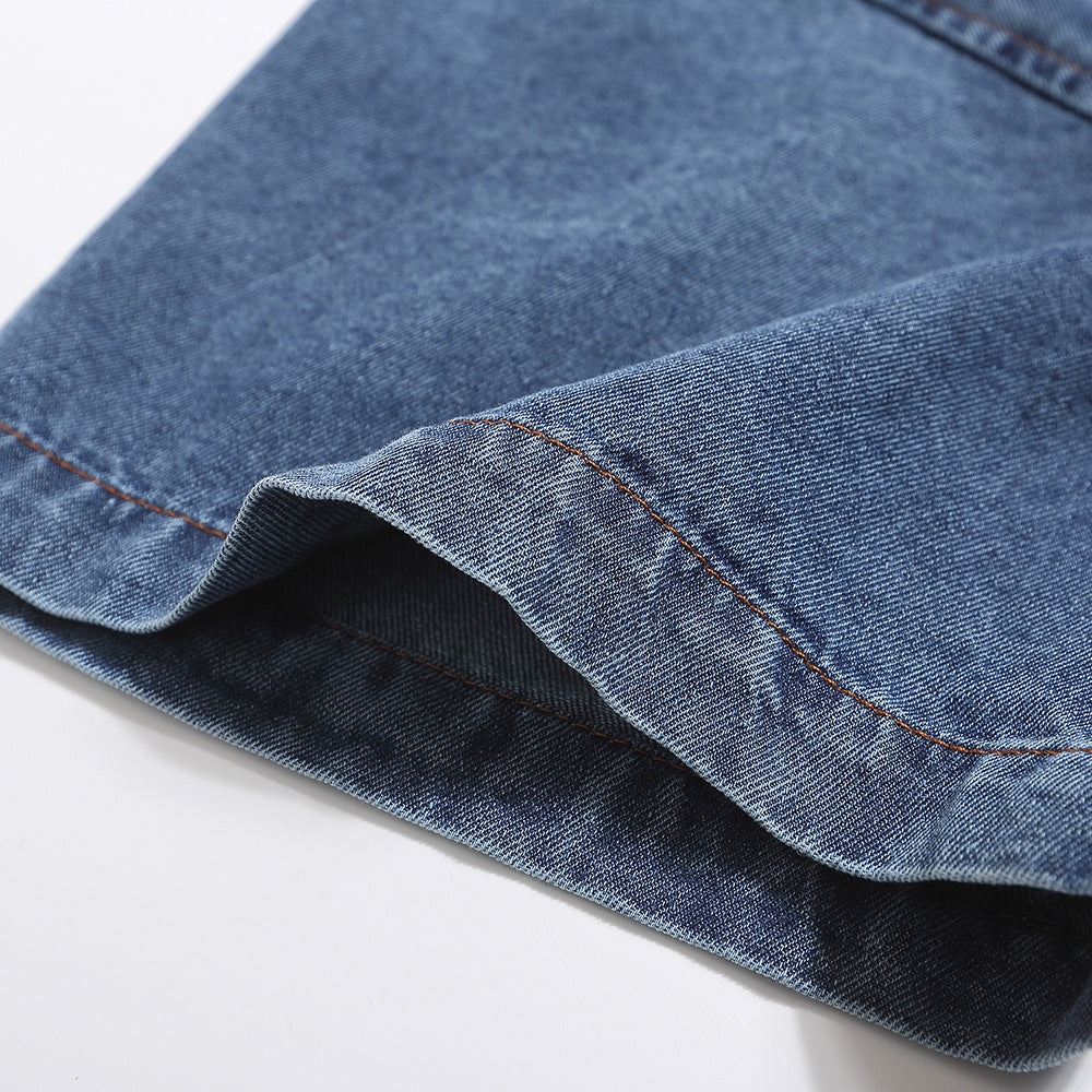 Fruit Embroidery Denim Washed Short-sleeved Shirt
