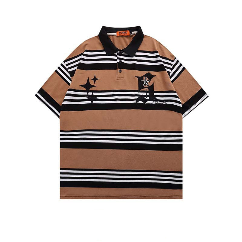 Embroidered Striped Lapel Short Sleeve