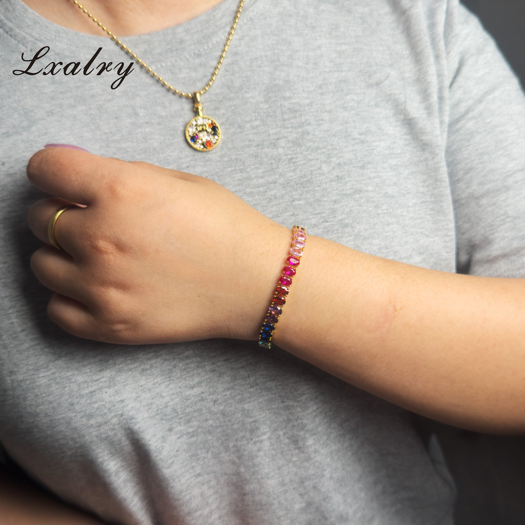 Lxalry 18K Gold Plated Copper Rainbow Zircon Bracelet