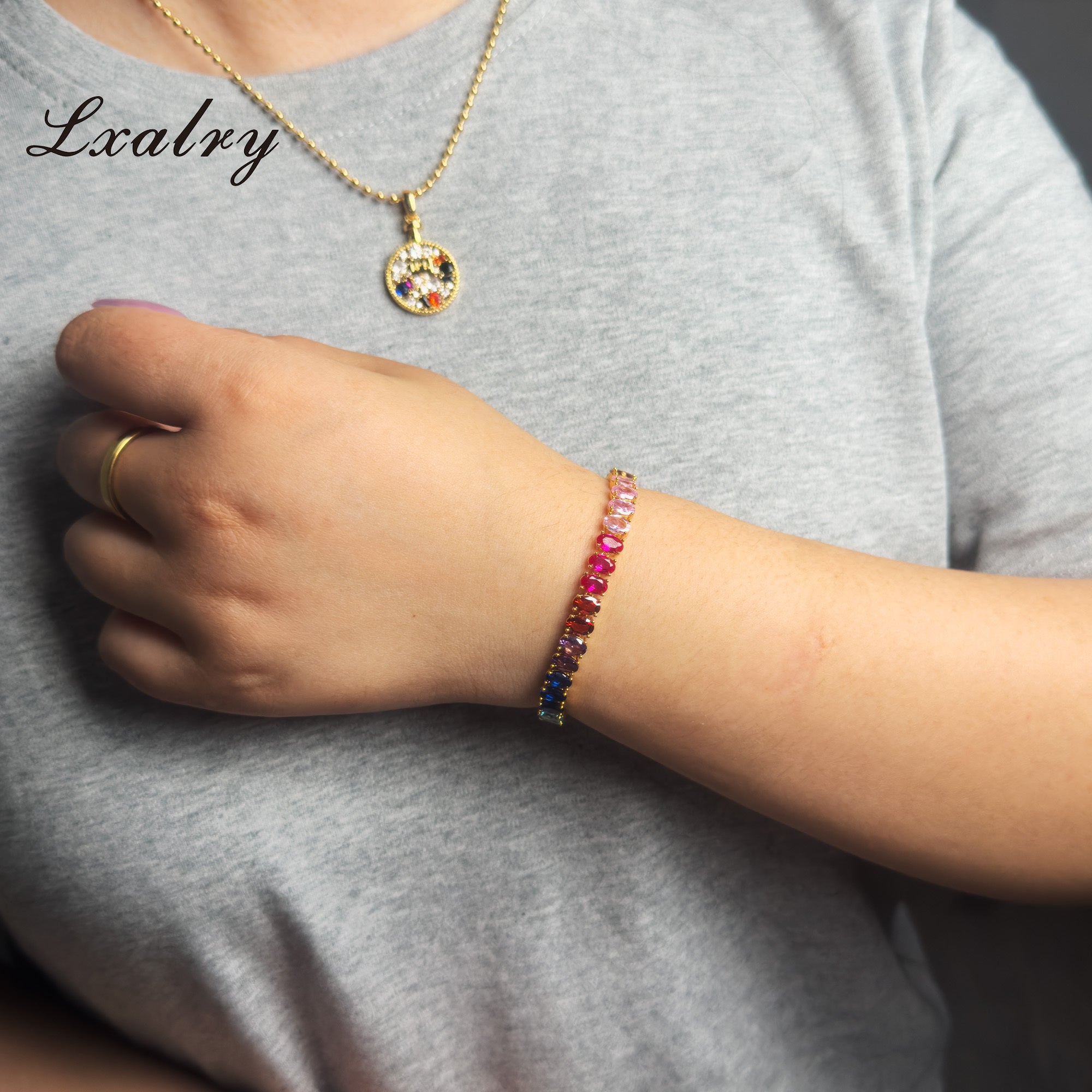 Lxalry 18K Gold Plated Copper Rainbow Zircon Bracelet