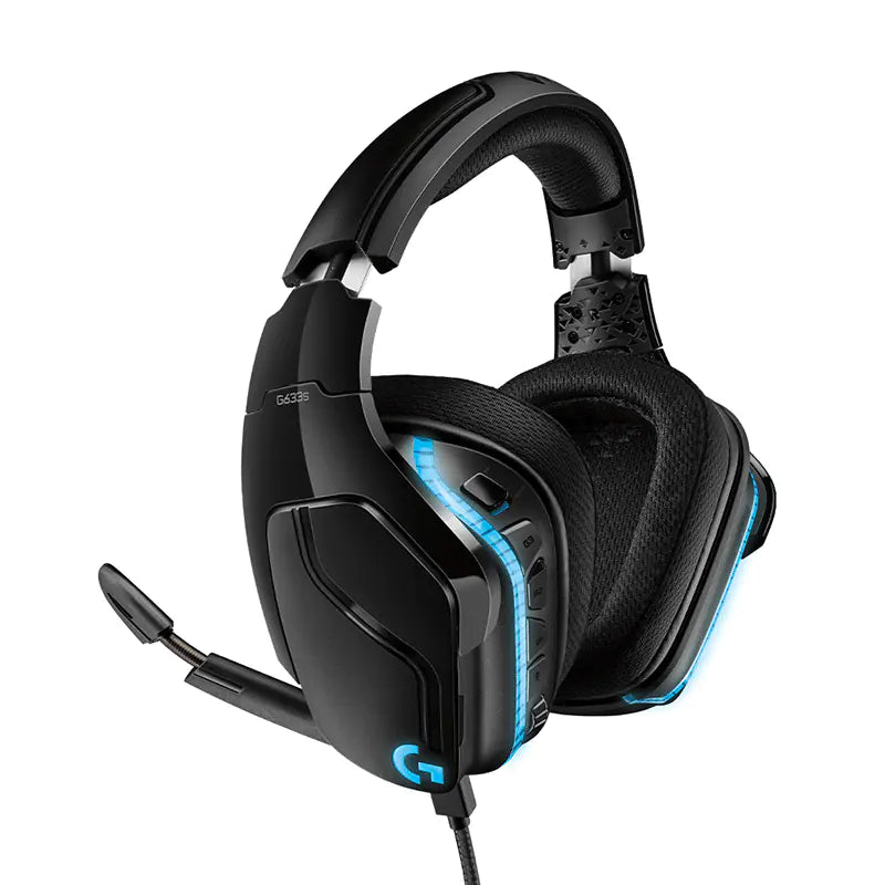 Logitech G633s Wired Gaming Headset showcasing 7.1 surround sound technology and adjustable microphone.