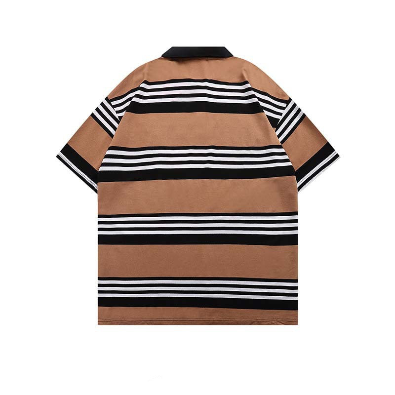 Embroidered Striped Lapel Short Sleeve