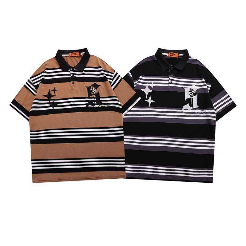 Embroidered Striped Lapel Short Sleeve