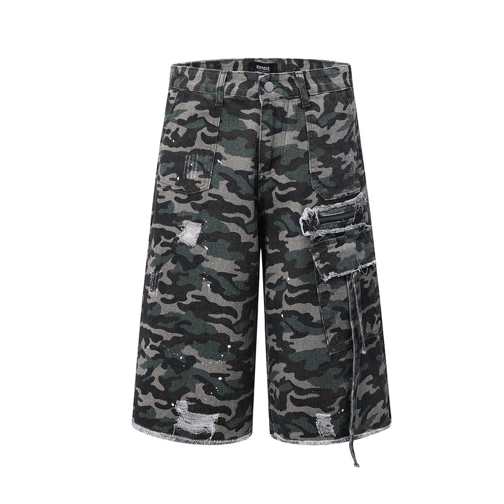 Washed Damaged Camouflage Denim Shorts