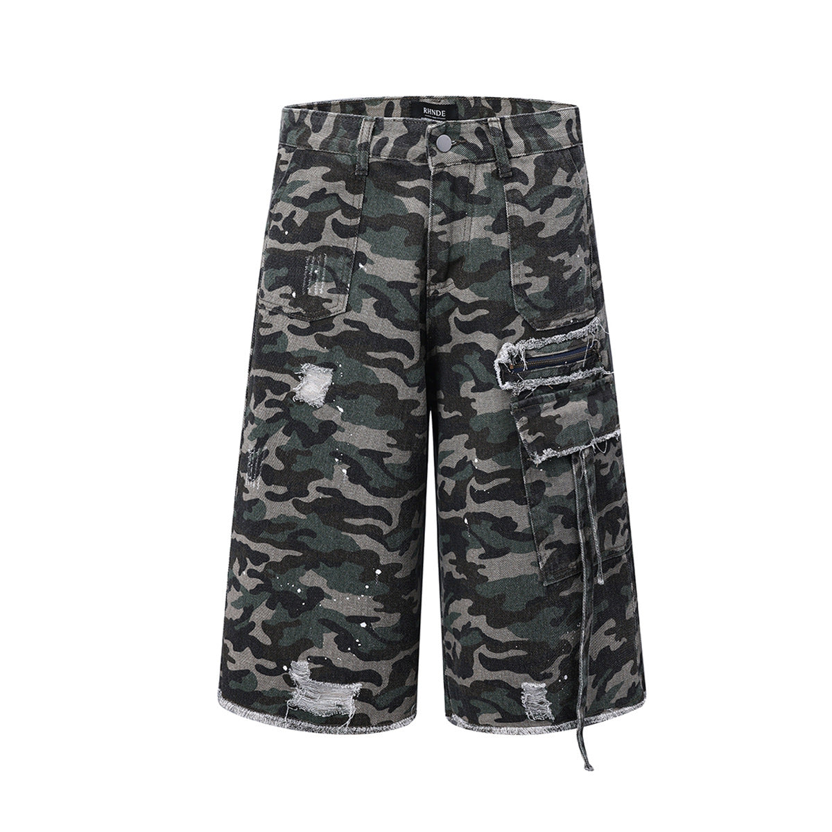 Washed Damaged Camouflage Denim Shorts