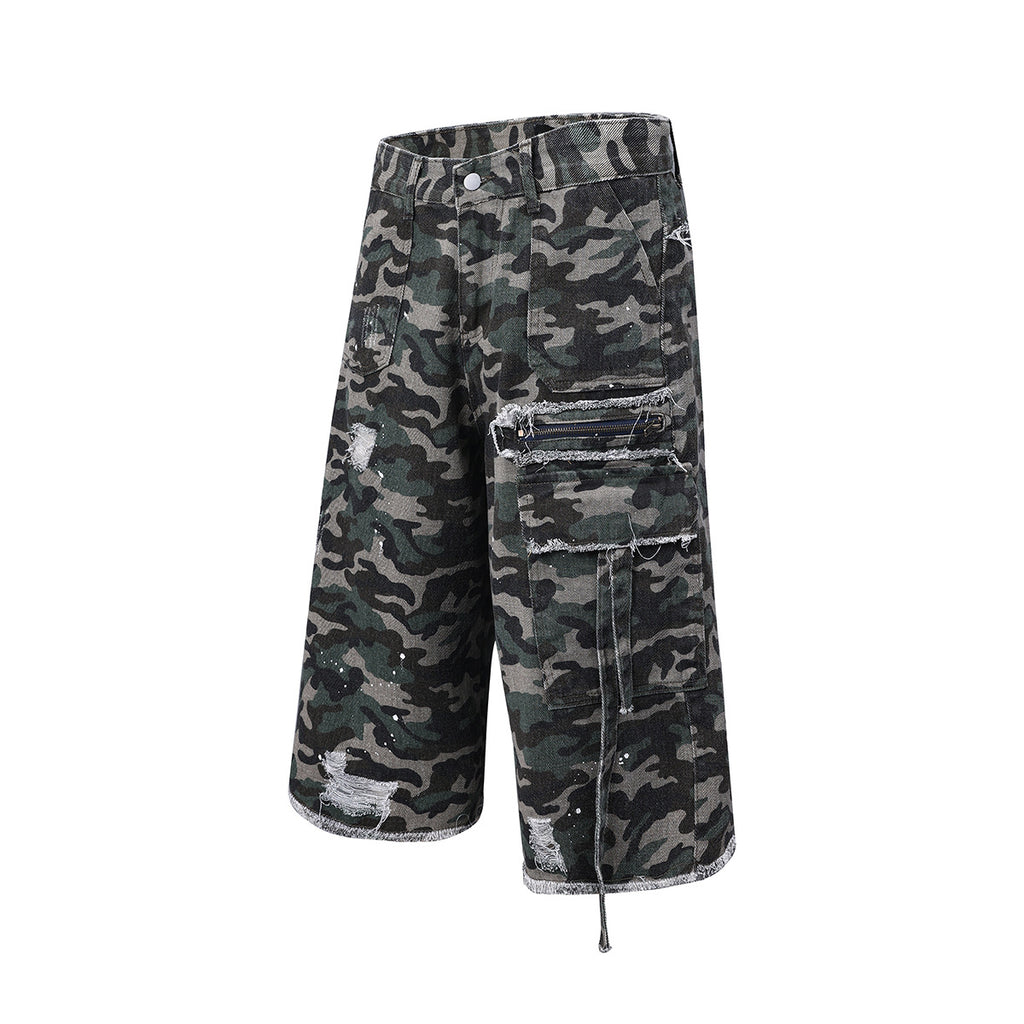 Washed Damaged Camouflage Denim Shorts