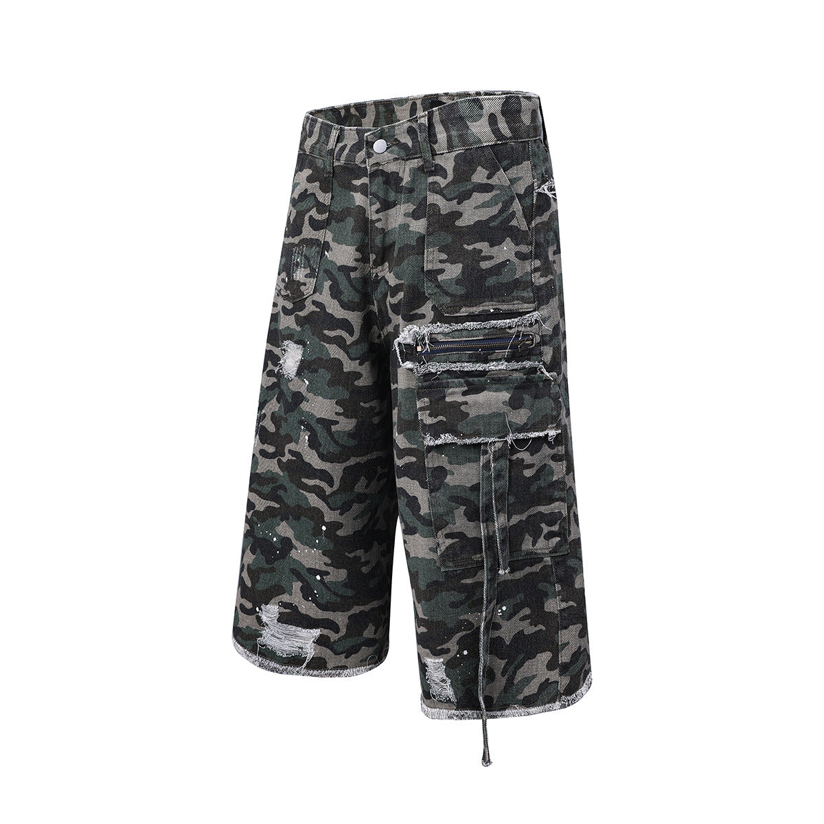 Washed Damaged Camouflage Denim Shorts