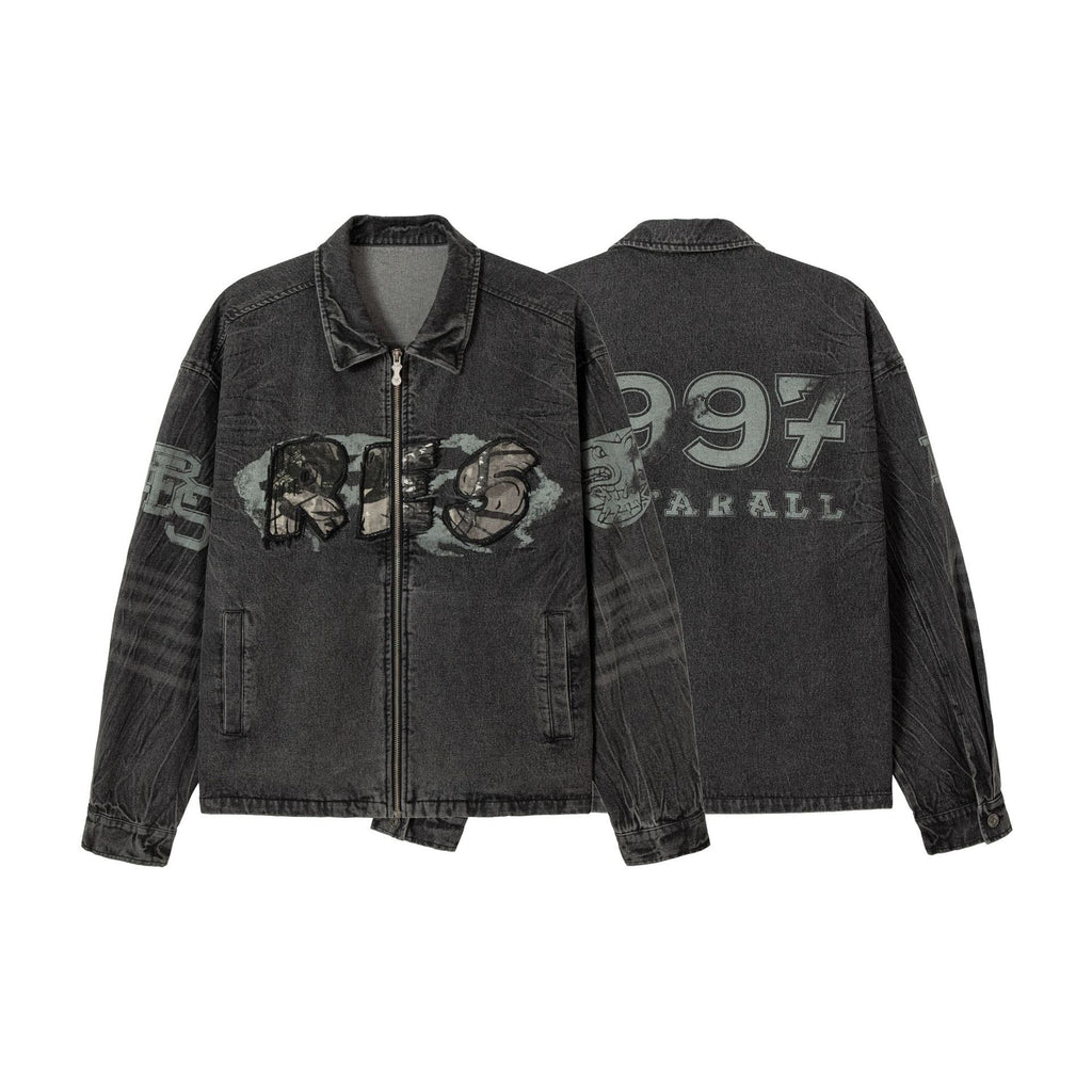  Embroidered Denim Motorcycle Jacket
