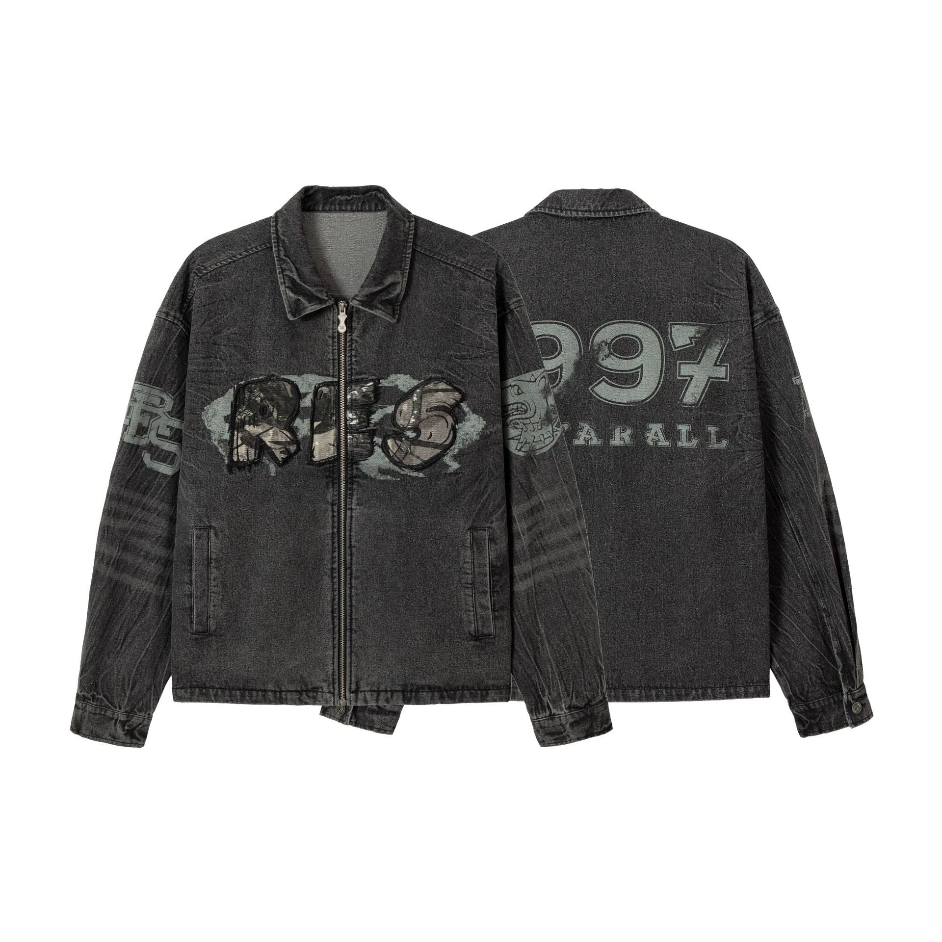  Embroidered Denim Motorcycle Jacket