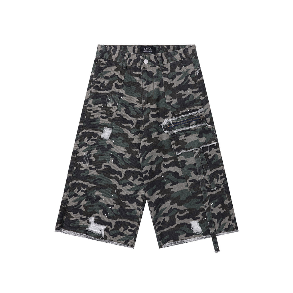 Washed Damaged Camouflage Denim Shorts