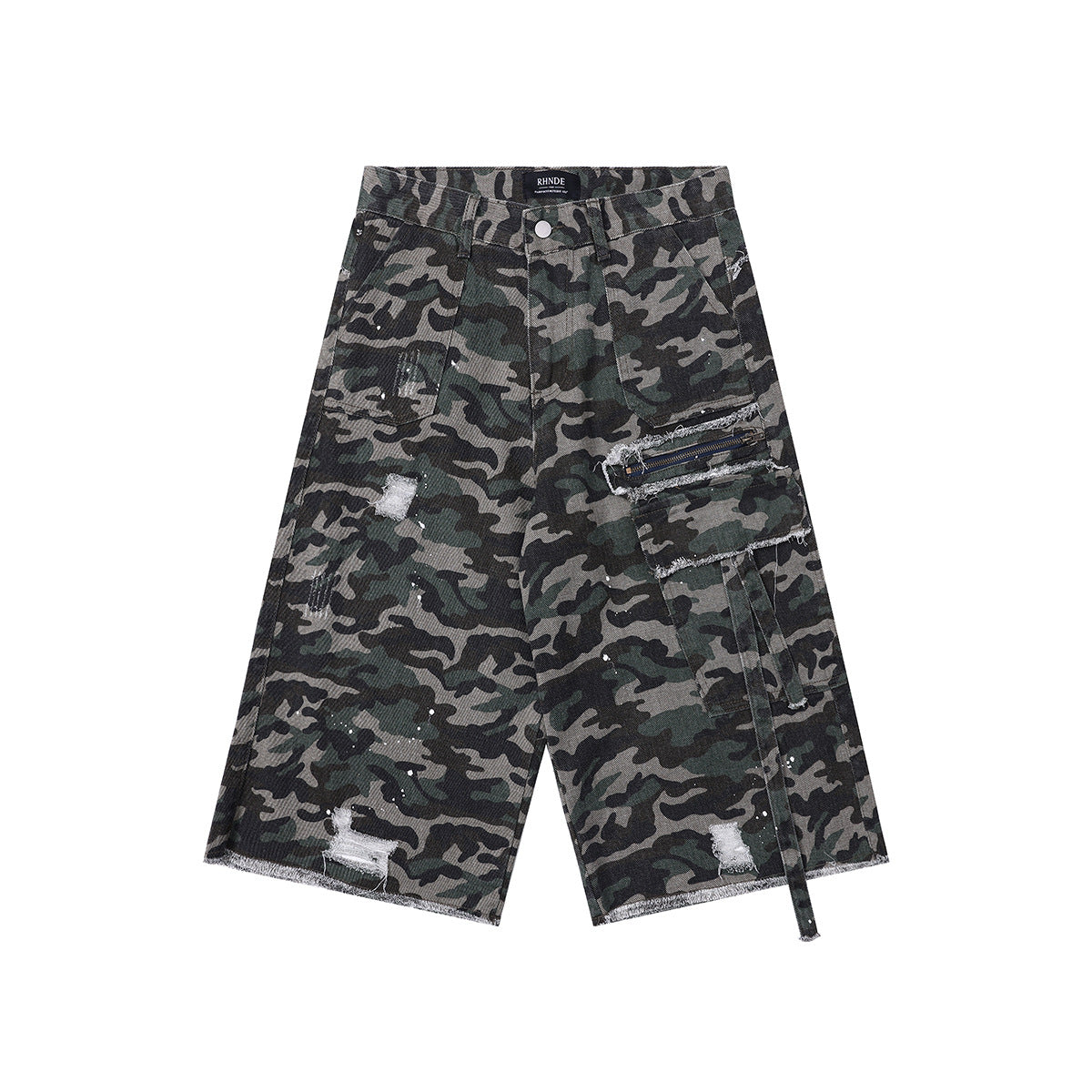 Washed Damaged Camouflage Denim Shorts
