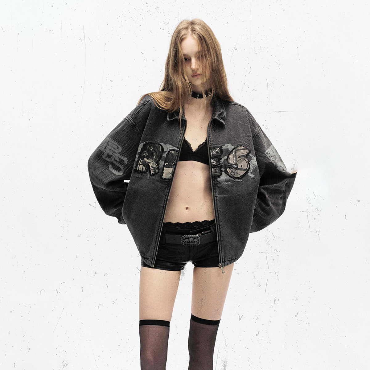  Embroidered Denim Motorcycle Jacket
