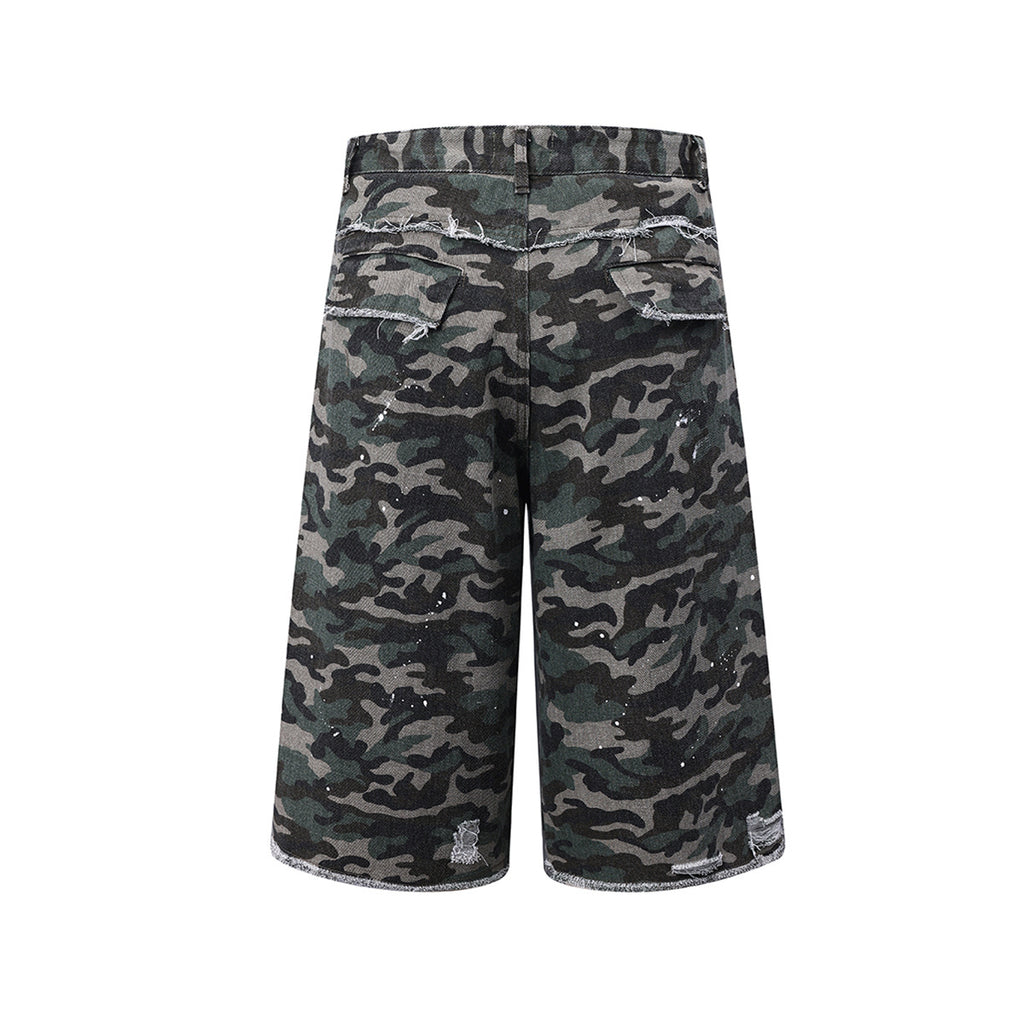 Washed Damaged Camouflage Denim Shorts