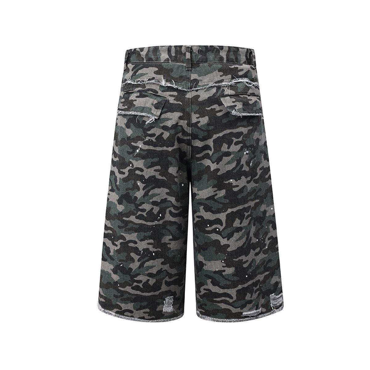 Washed Damaged Camouflage Denim Shorts