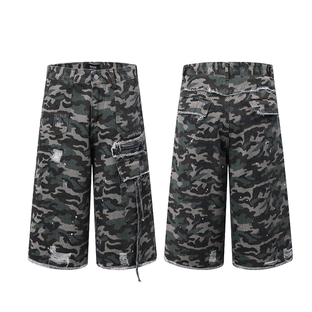 Washed Damaged Camouflage Denim Shorts