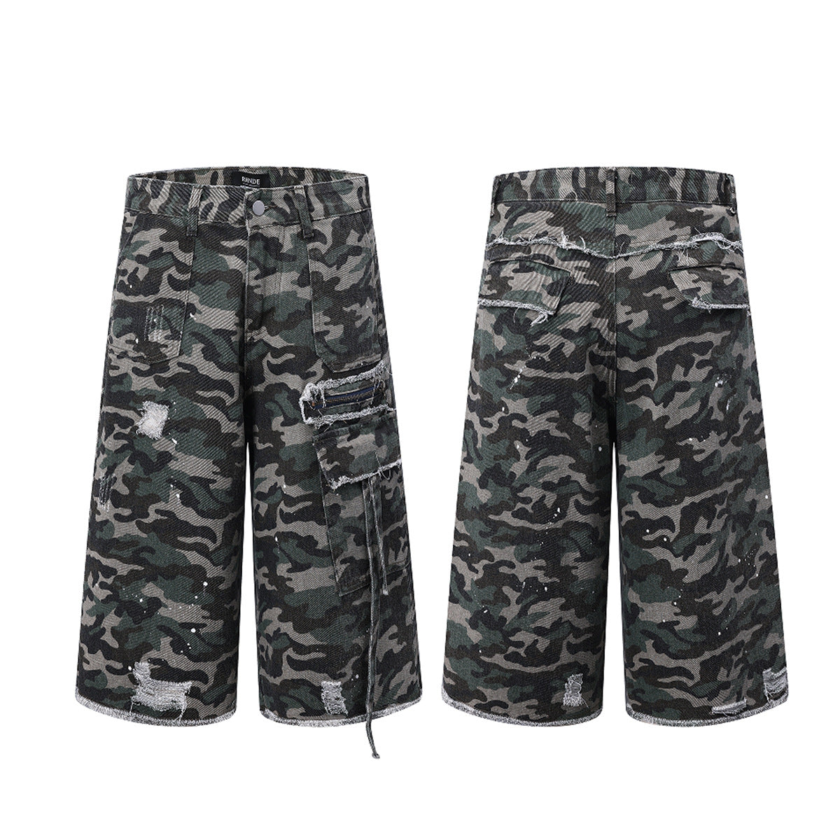 Washed Damaged Camouflage Denim Shorts
