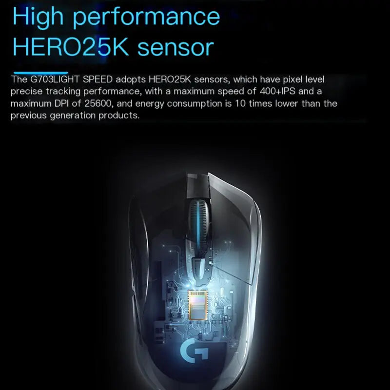 Logitech G703 HERO Wireless Gaming Mouse showcasing HERO25K sensor for high precision and performance.