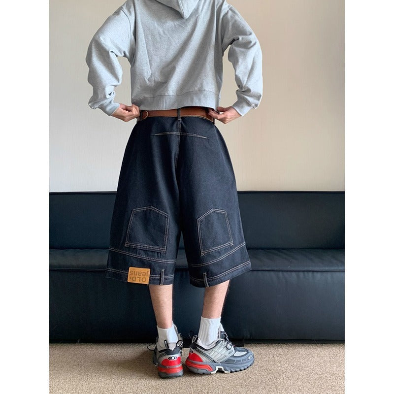 Niche Design Flip-down Denim Shorts Men