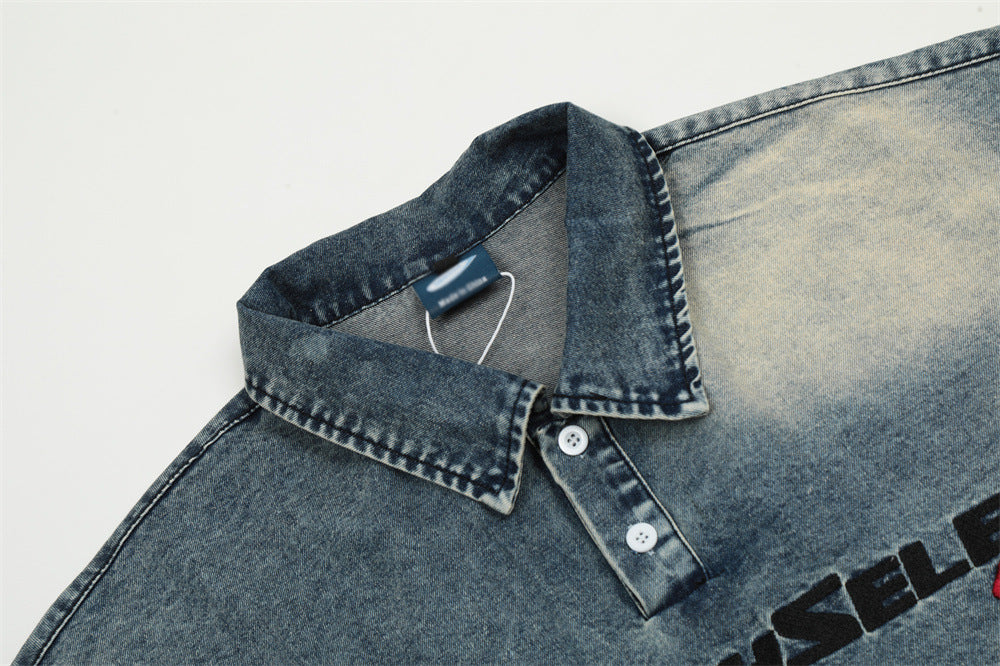 Short Sleeve Denim Polo Shirt Men