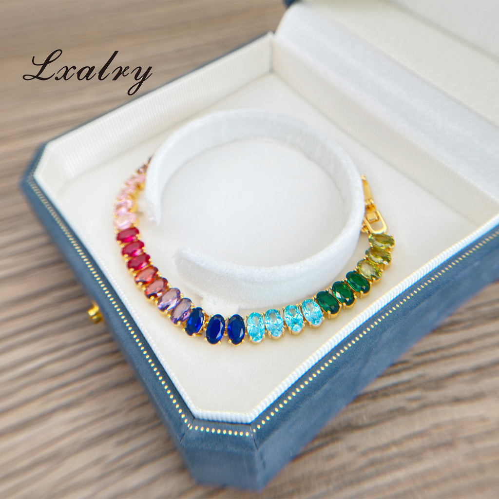 Lxalry 18K Gold Plated Copper Rainbow Zircon Bracelet