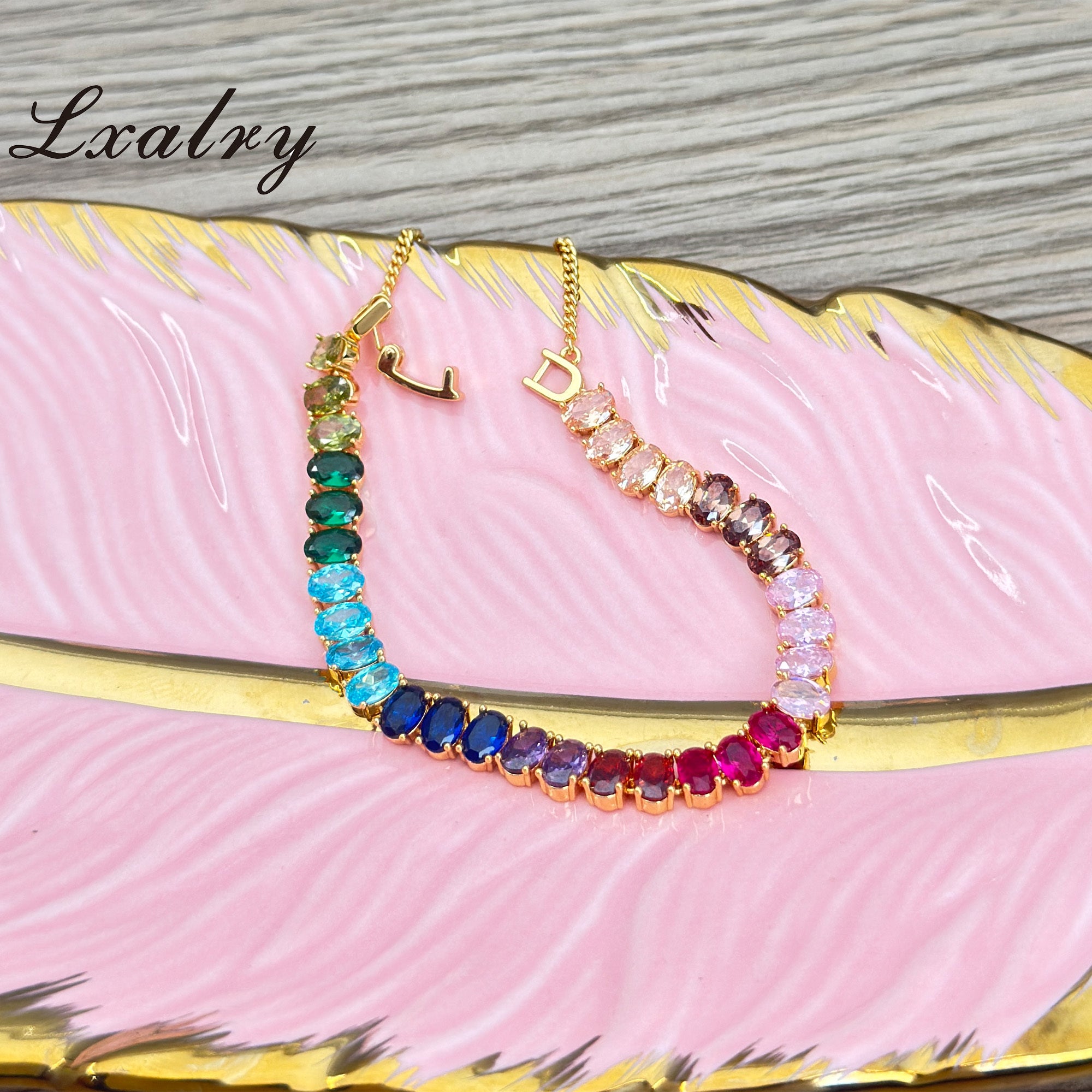 Lxalry 18K Gold Plated Copper Rainbow Zircon Bracelet