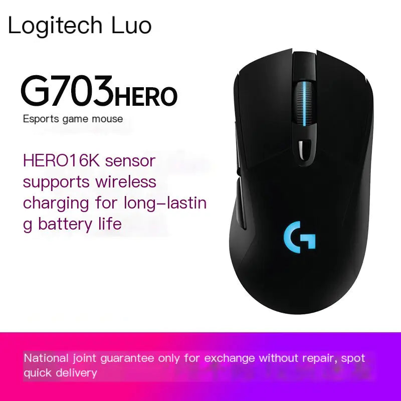 Logitech G703 HERO Wireless Gaming Mouse featuring HERO16K sensor and wireless charging for long-lasting battery life.