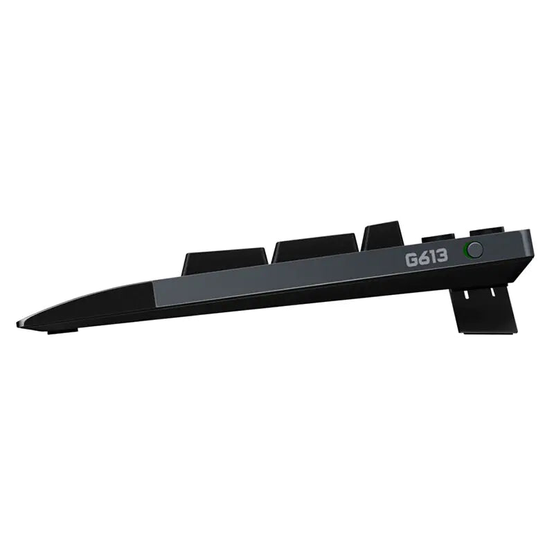 Logitech G613 wireless mechanical gaming keyboard side view showcasing ROMER-G switches and sleek design.