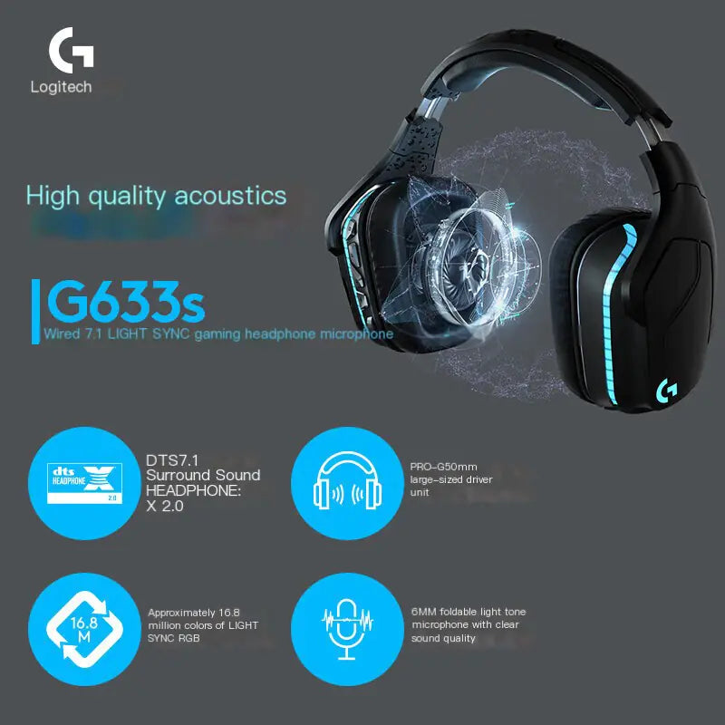 Logitech G633s wired gaming headset with microphone features 7.1 surround sound and LIGHT SYNC technology.