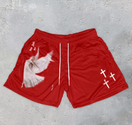 Y2K Christian Angel Cross Print Gym Shorts - HTO