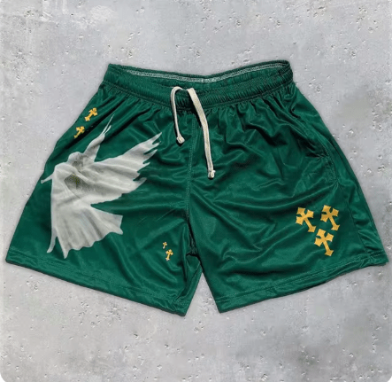 Y2K Christian Angel Cross Print Gym Shorts - HTO