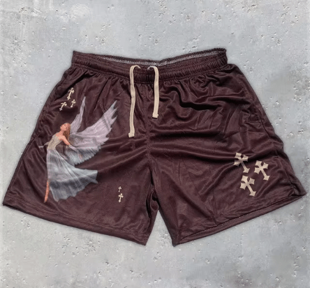 Y2K Christian Angel Cross Print Gym Shorts - HTO
