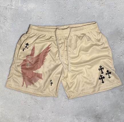 Y2K Christian Angel Cross Print Gym Shorts - HTO