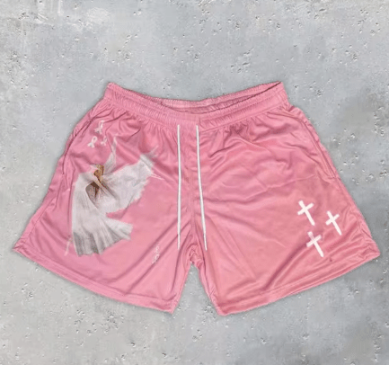 Y2K Christian Angel Cross Print Gym Shorts - HTO